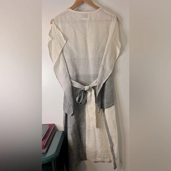 Kim Bernardin Paris Gray to White Striped Ombre Tie Back Slit Sleeve Dress Sz L - Picture 8 of 8